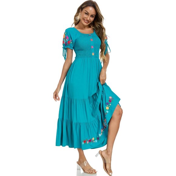 Women's Floral Maxi Dress Rayon Boho Ruffle Tiered Beach Sundress Large